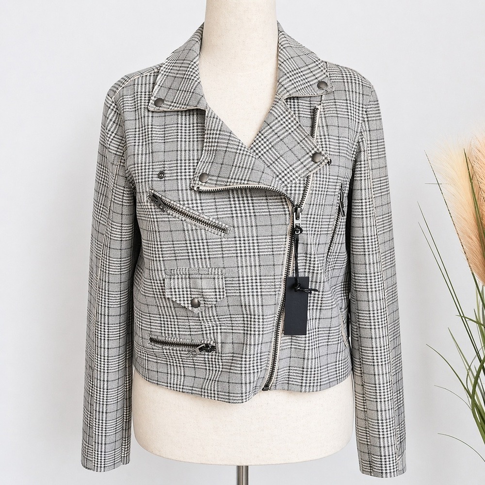 Revolve New Blank NYC Glen Neutral Plaid Moto Zip Front Jacket SZ Medium Boho - Picture 2 of 12